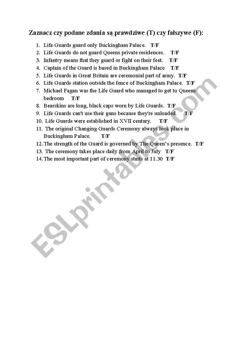 Changing guard in Buckingham Palace true/false exercise