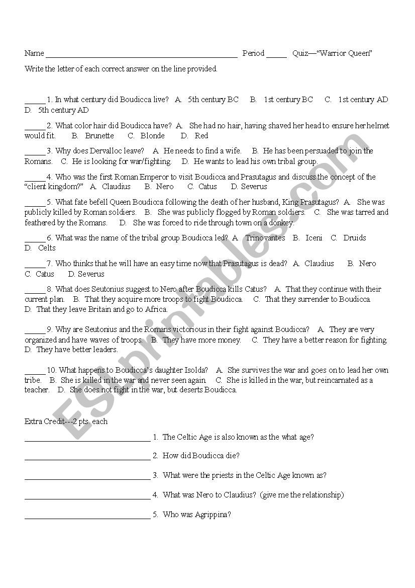 Boudicca quiz worksheet