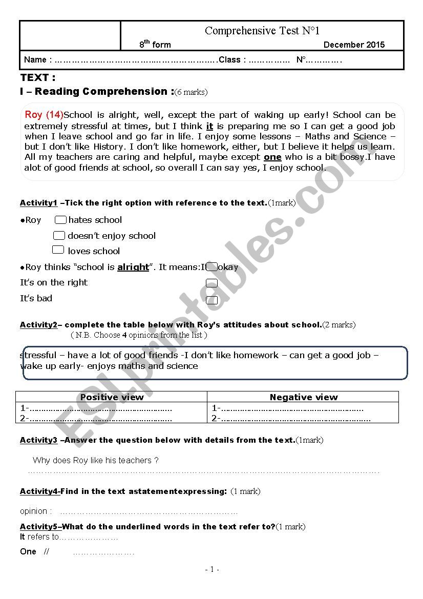 comprehensive test 8th form worksheet