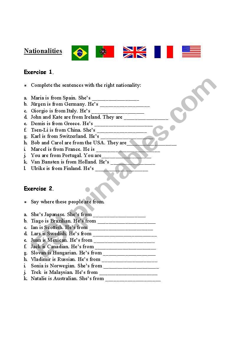 Nationalities worksheet