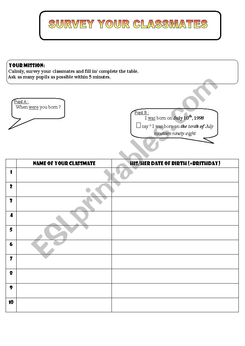 Birthday Survey worksheet