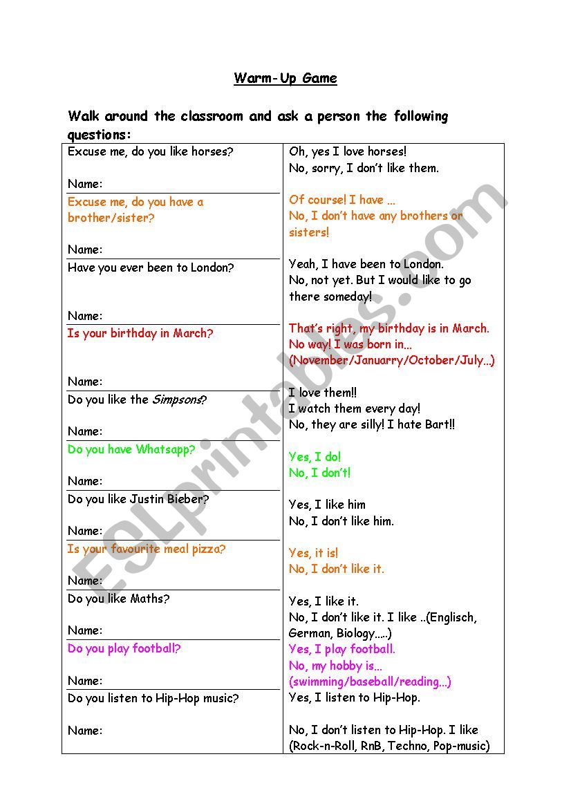 Warm up Game  worksheet