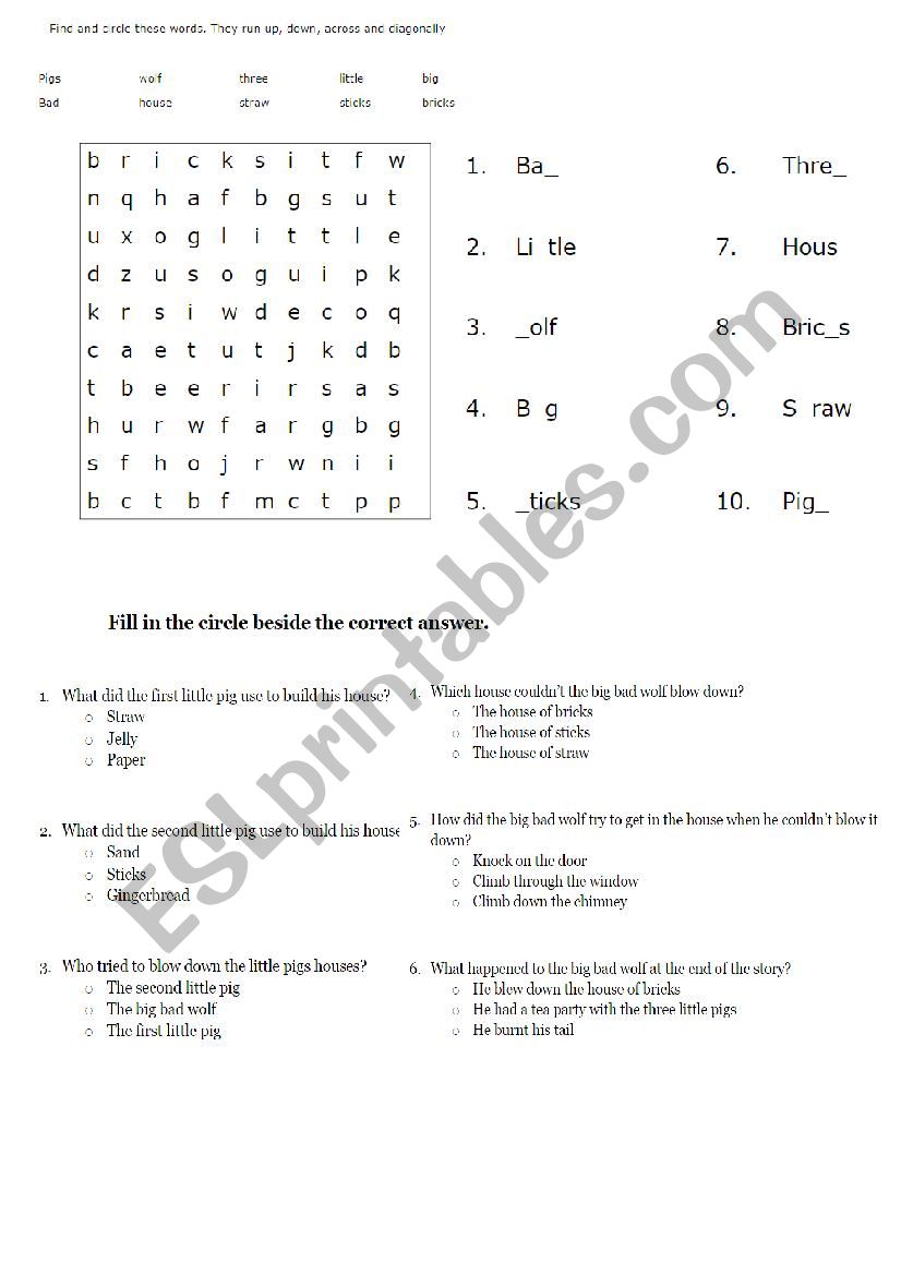 Word search Three Little Pigs and comprehension