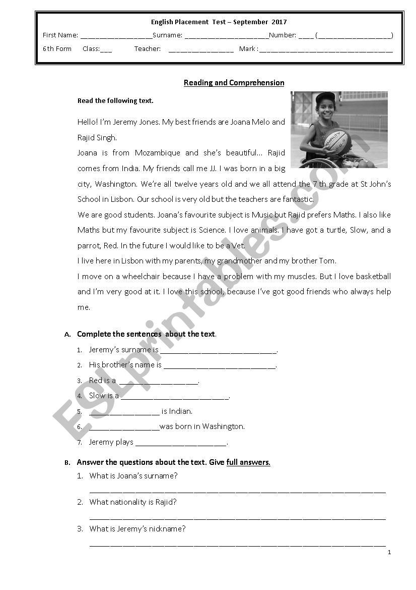 placement test worksheet