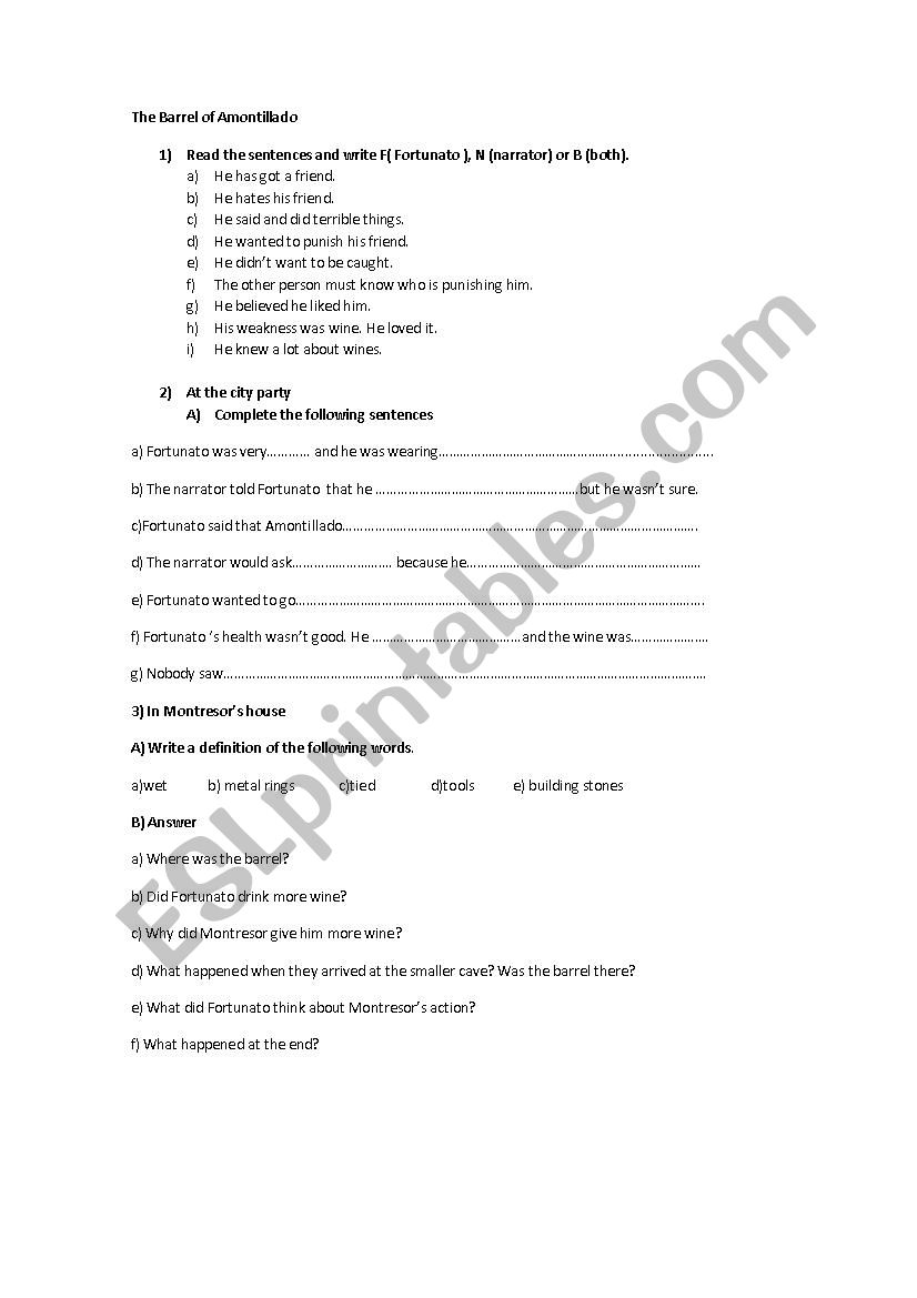 The Barrel of Amontillado worksheet