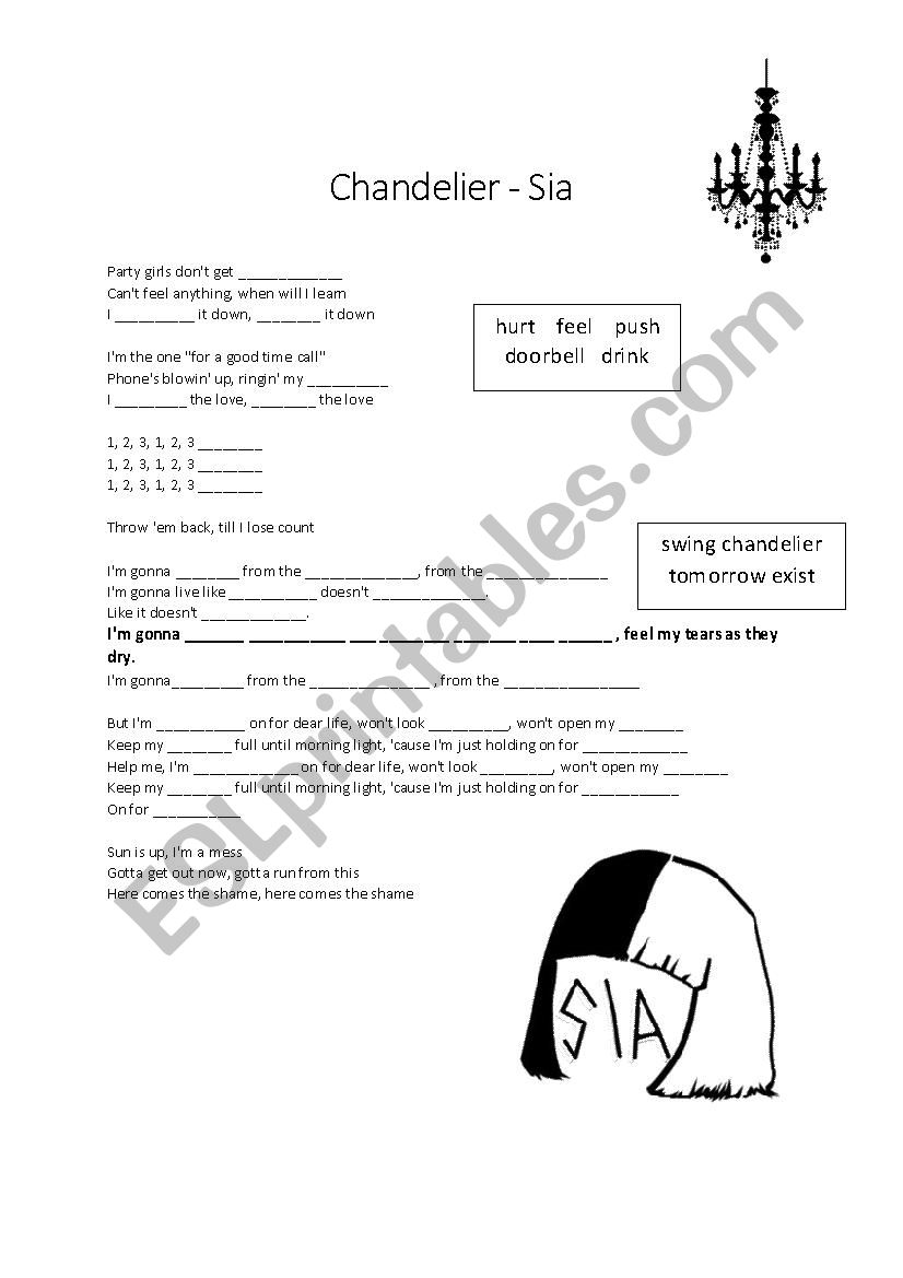 Sia Chandelier Lyrics Worksheet Esl Worksheet By Tommybgoode