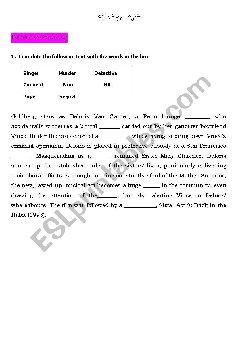 Sister Act worksheet