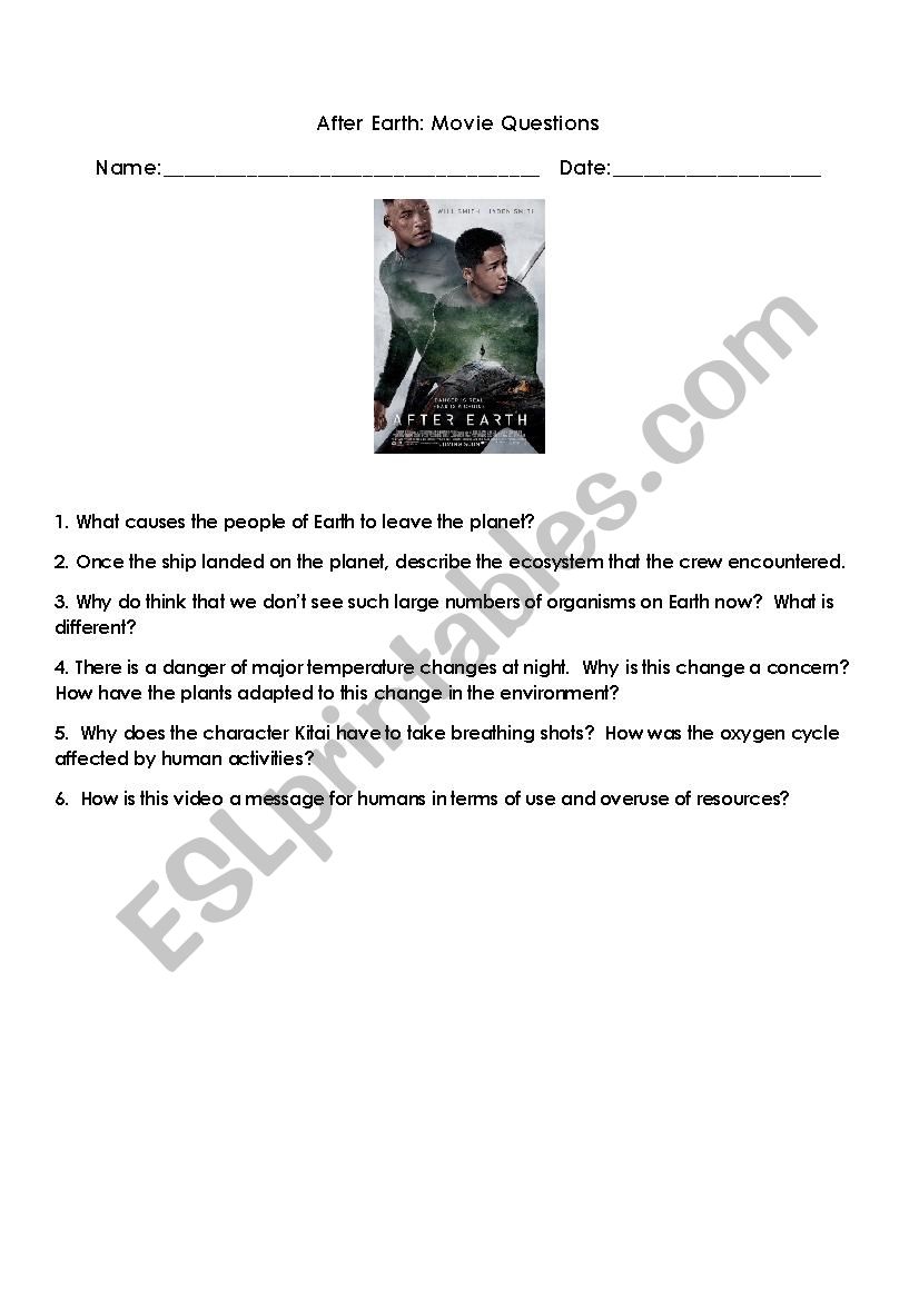 After Earth Movie Activity worksheet