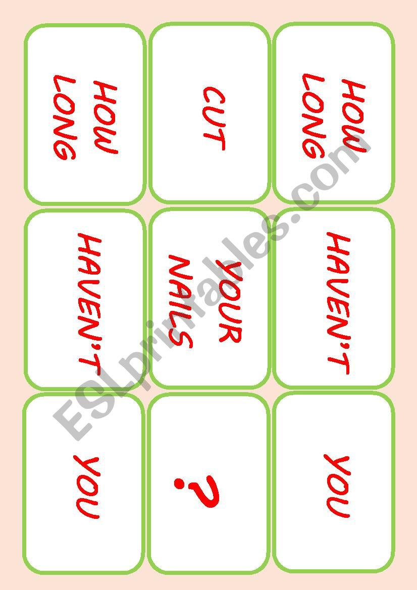 Present Perfect card game worksheet