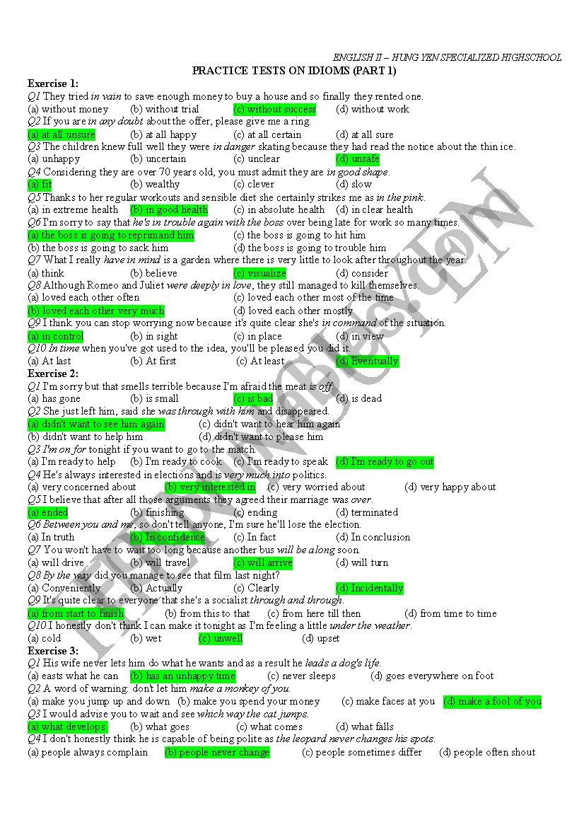 IDIOMS EXERCISES worksheet