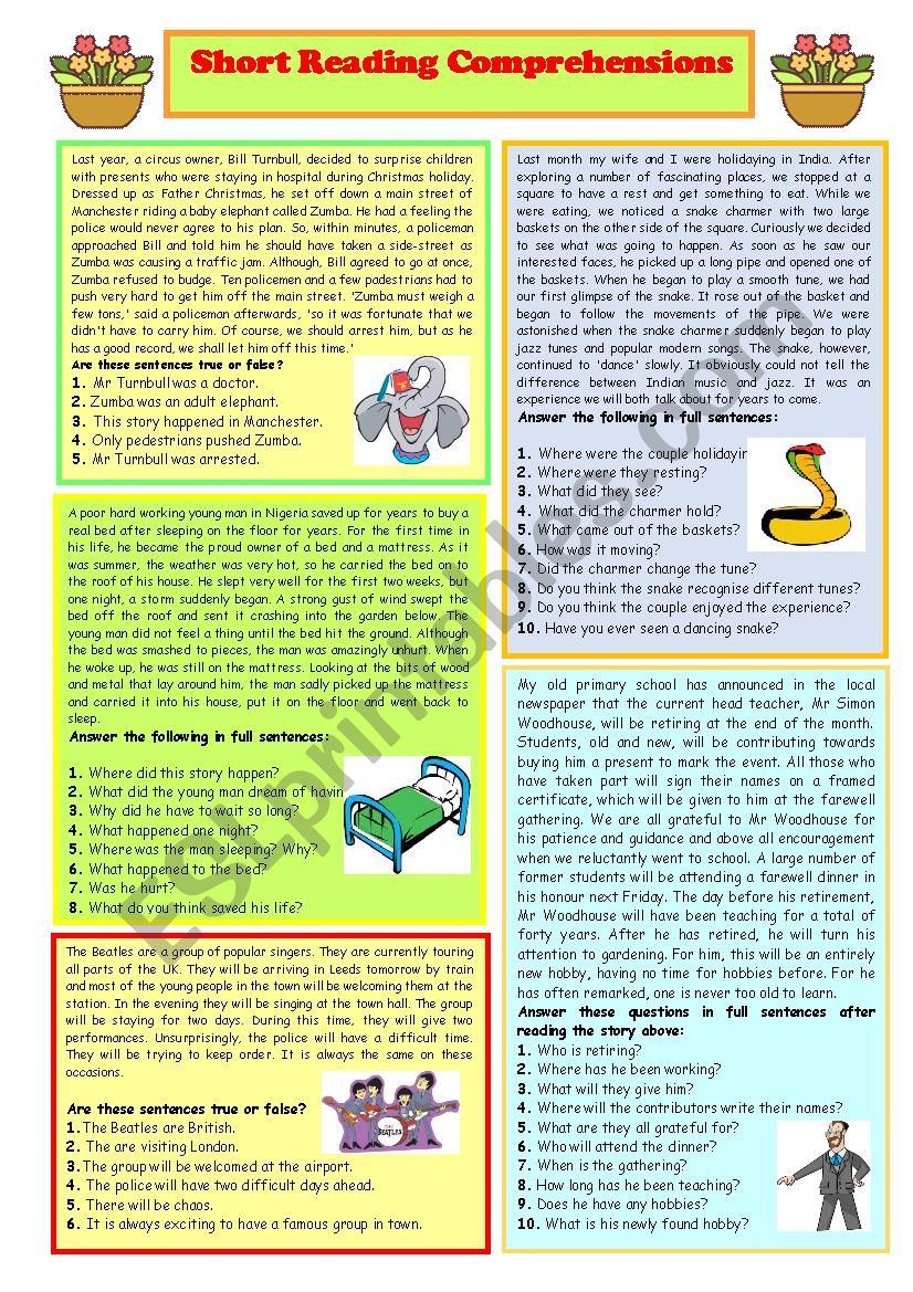 Short Reading Comprehensions worksheet