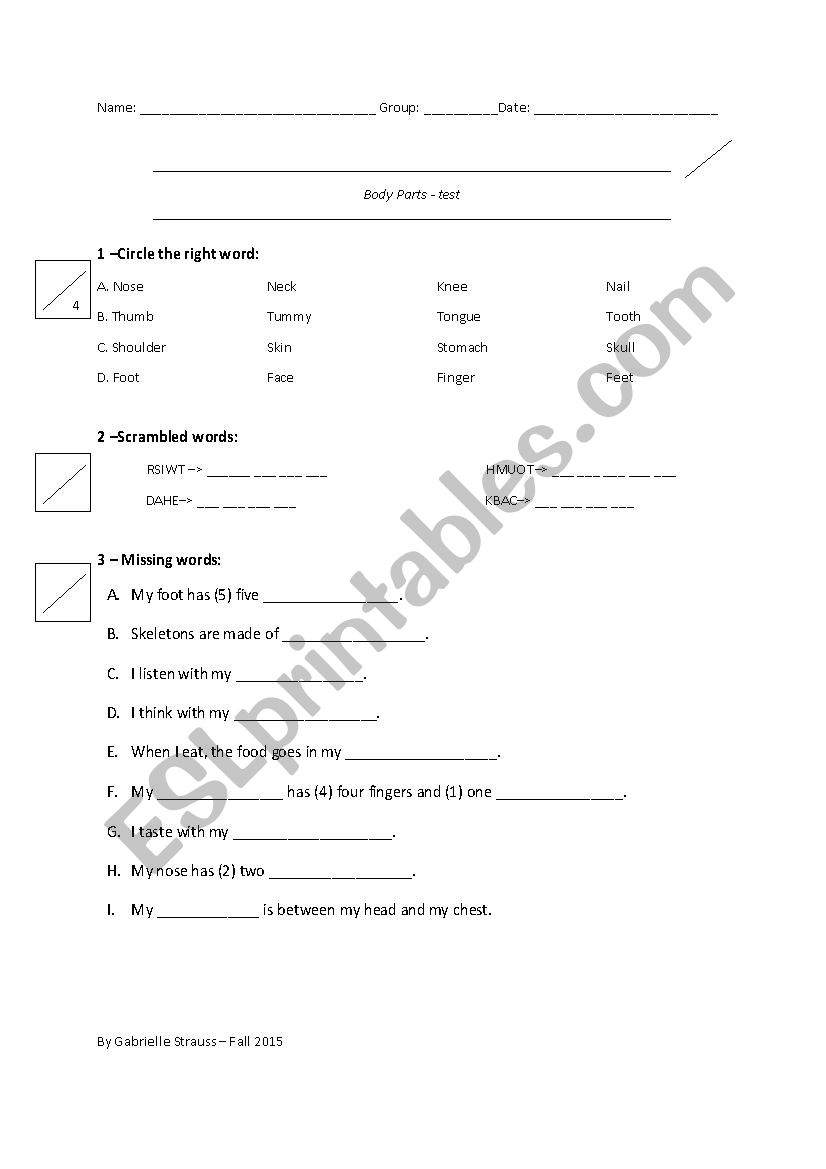 Body Part Test worksheet