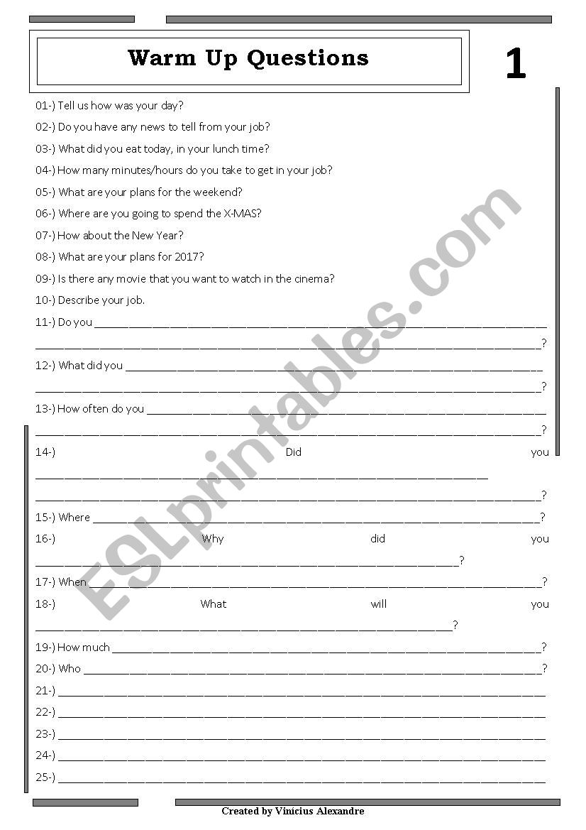 Warm Up worksheet