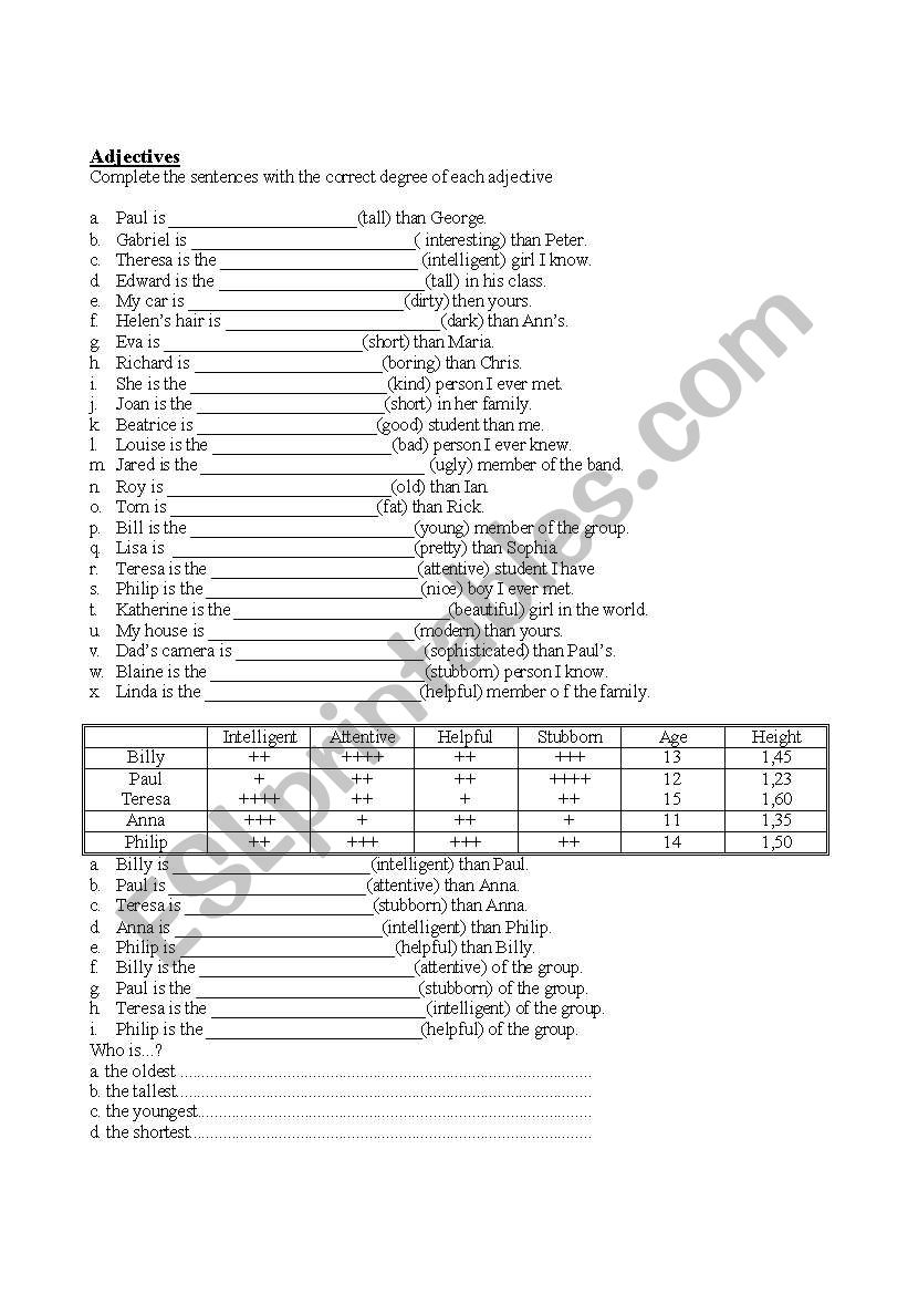 Adjectives degrees worksheet