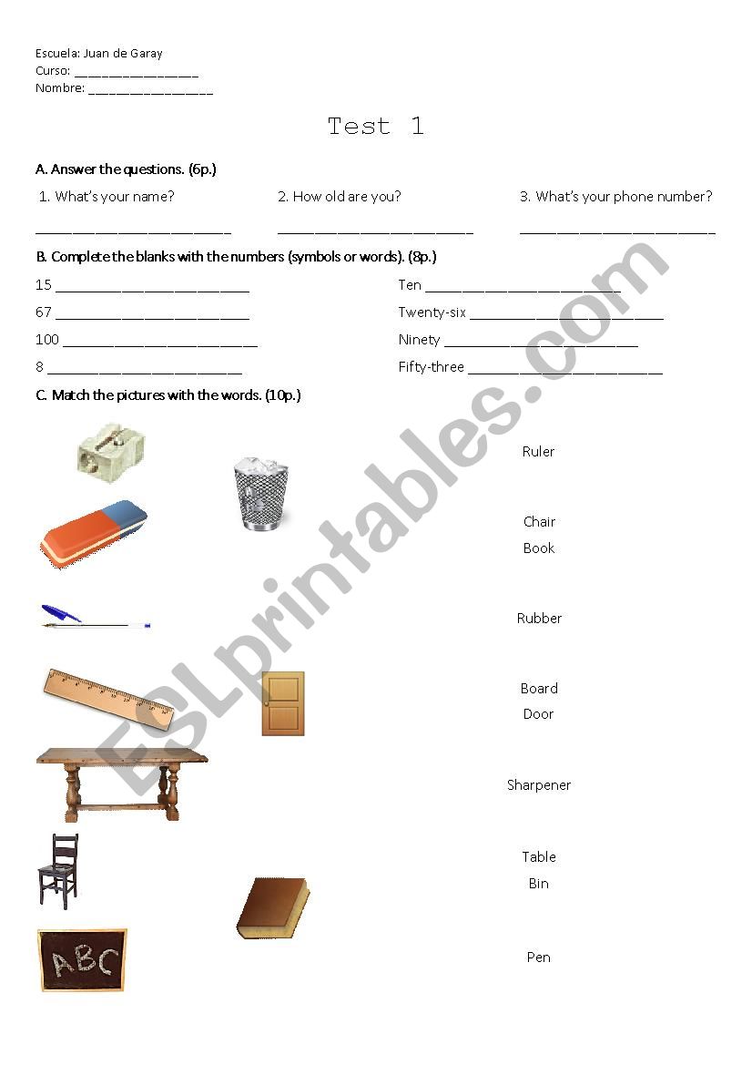 Test about personal questions, school objects, colours, numbers, this/that