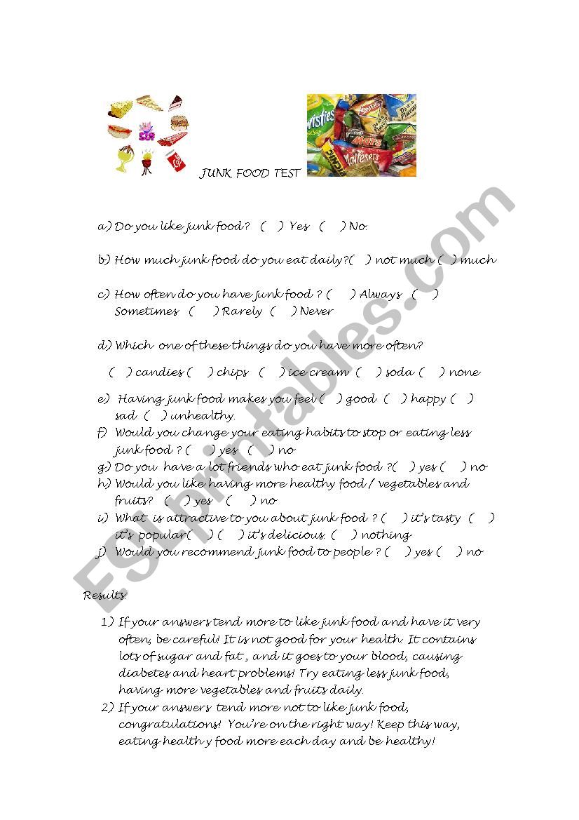 JUNK FOOD TEST worksheet