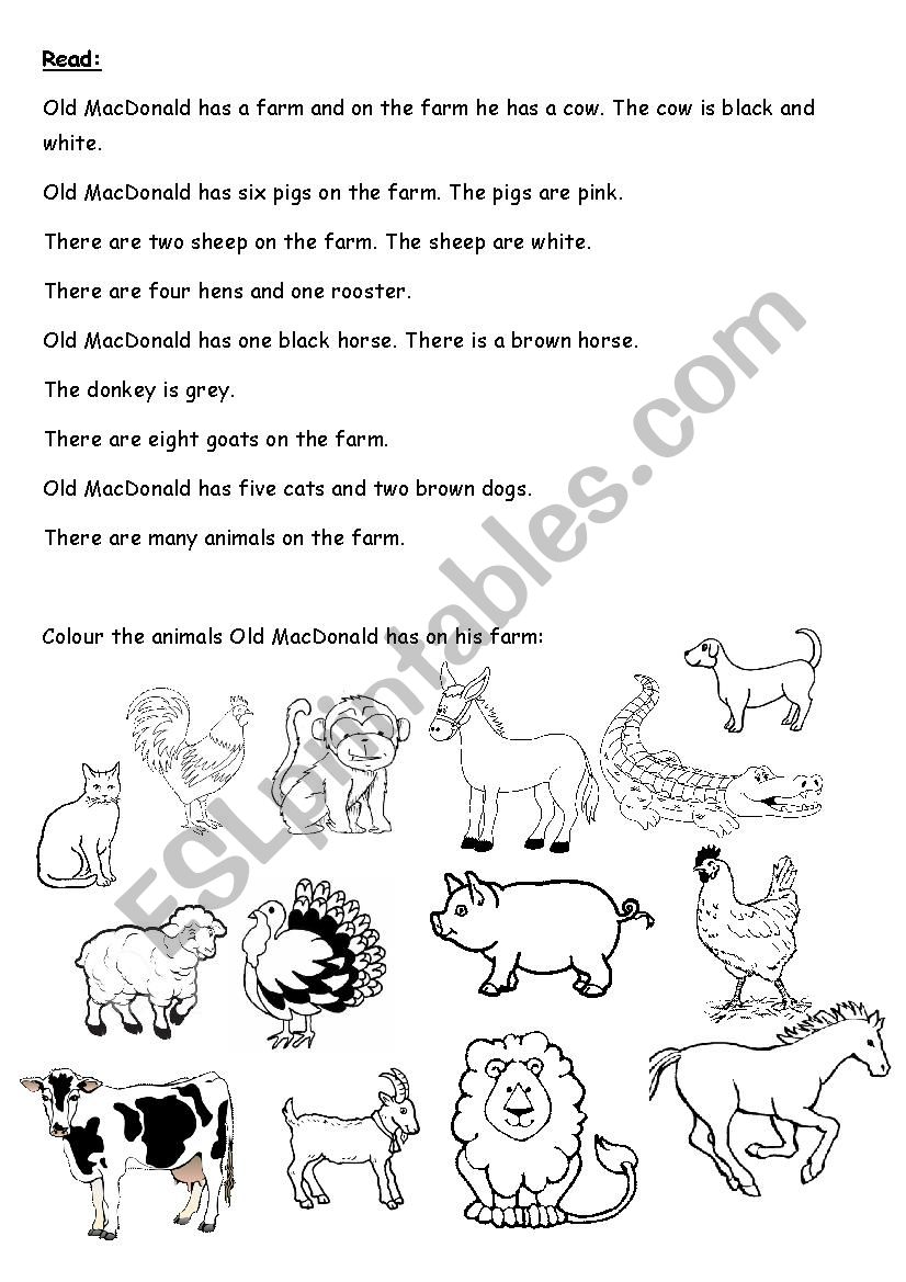 Old MacDonald Reading worksheet