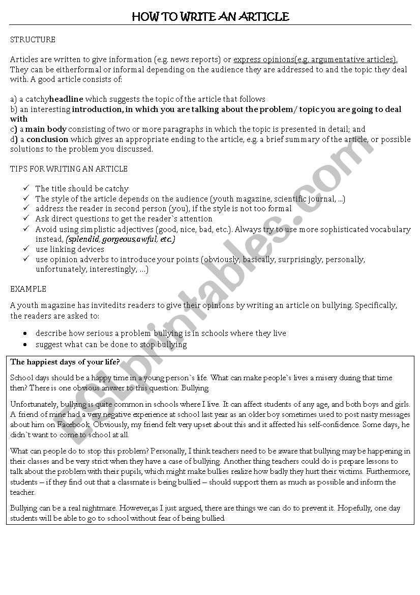How to write an article worksheet