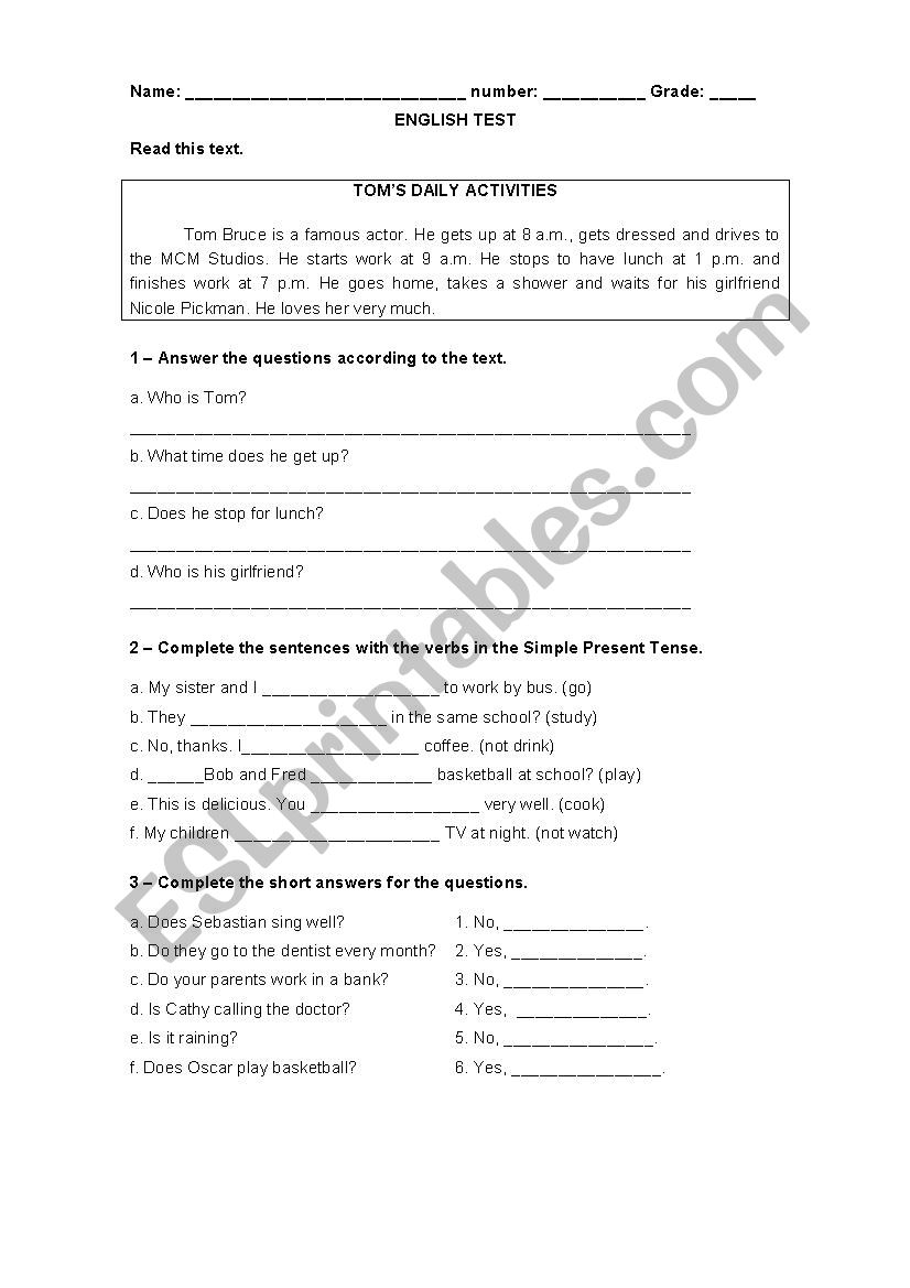 English test 6th worksheet