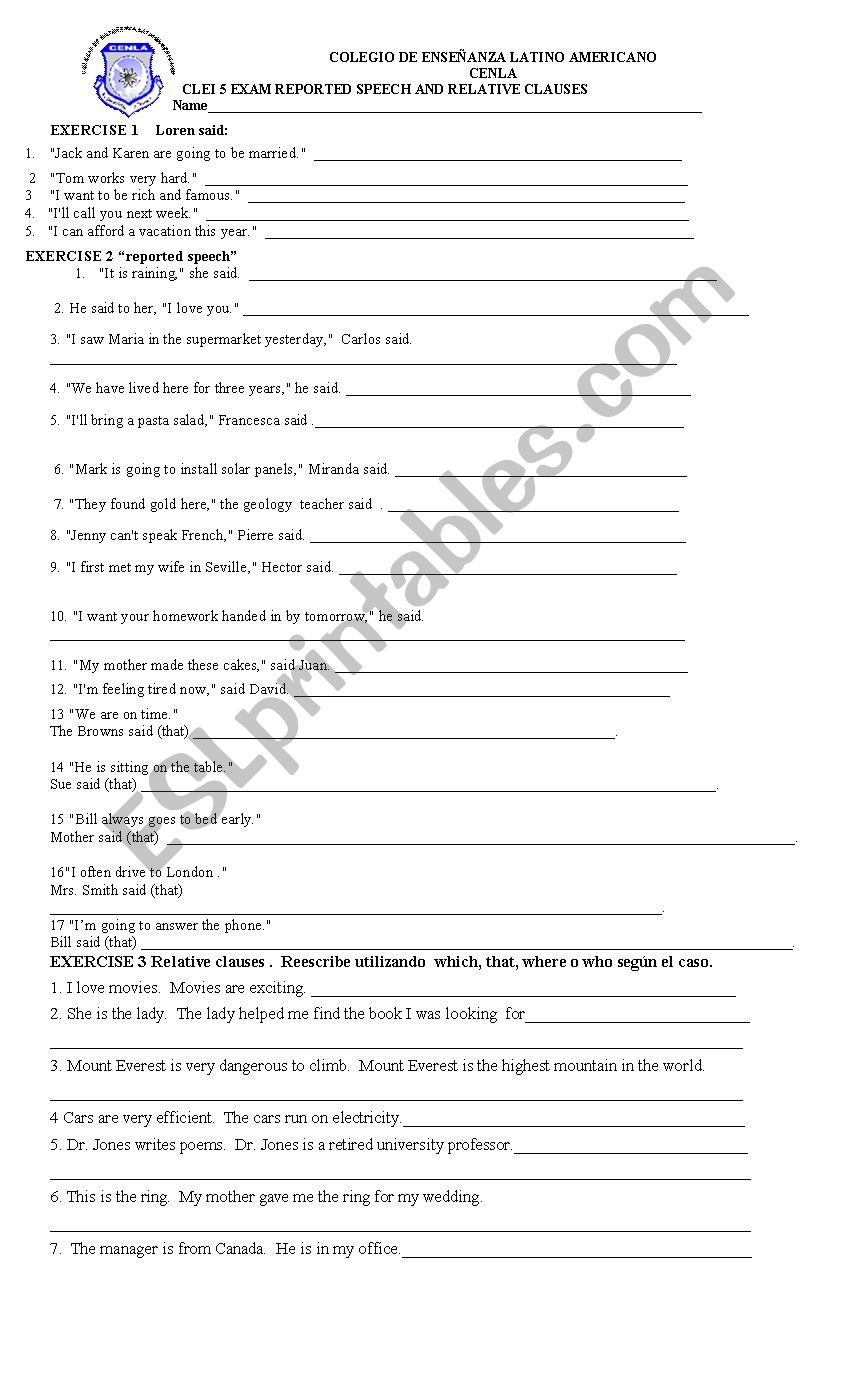 Reported Speech worksheet