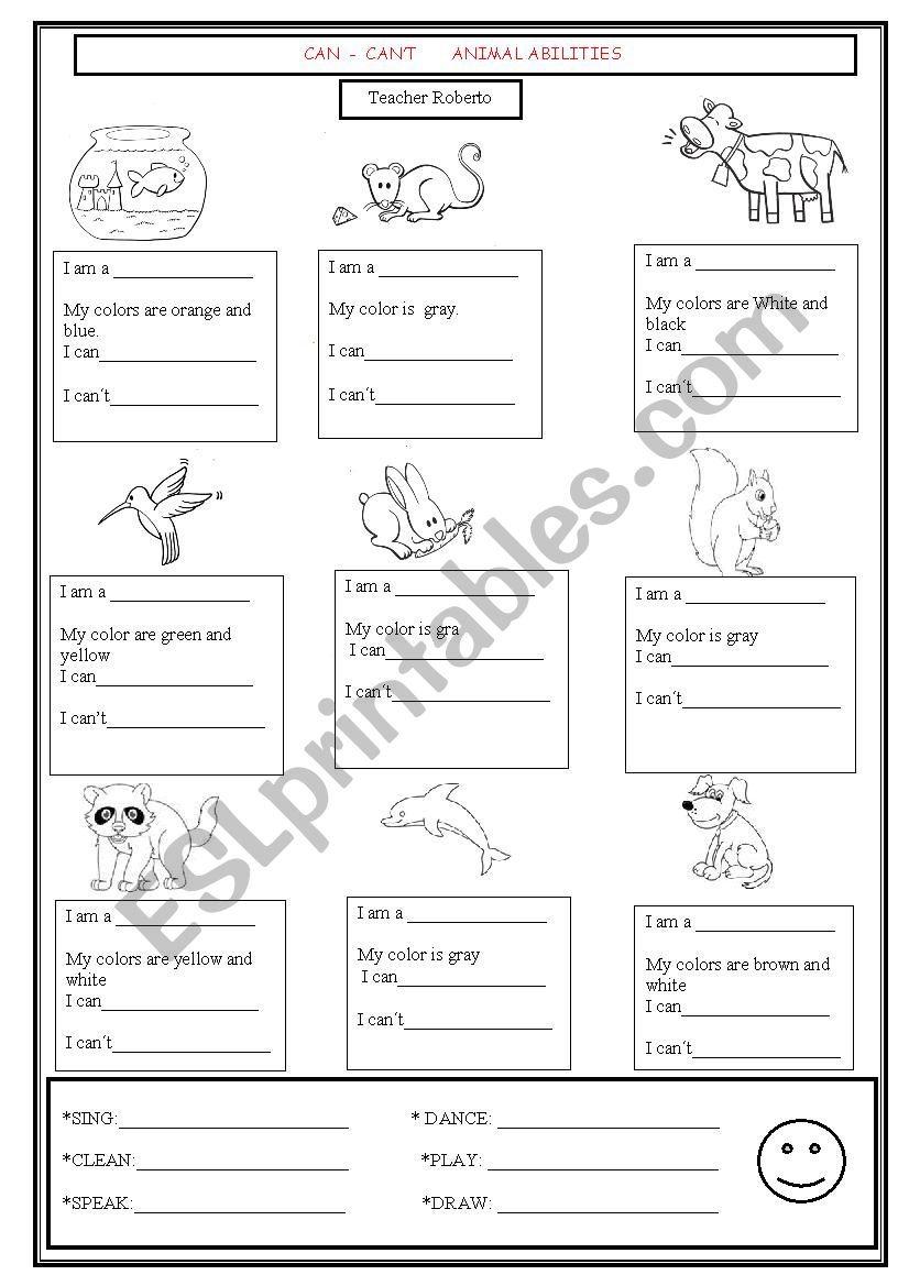 CAN - CAN'T ANIMAL ABILITIES 2017 - ESL worksheet by robertperu