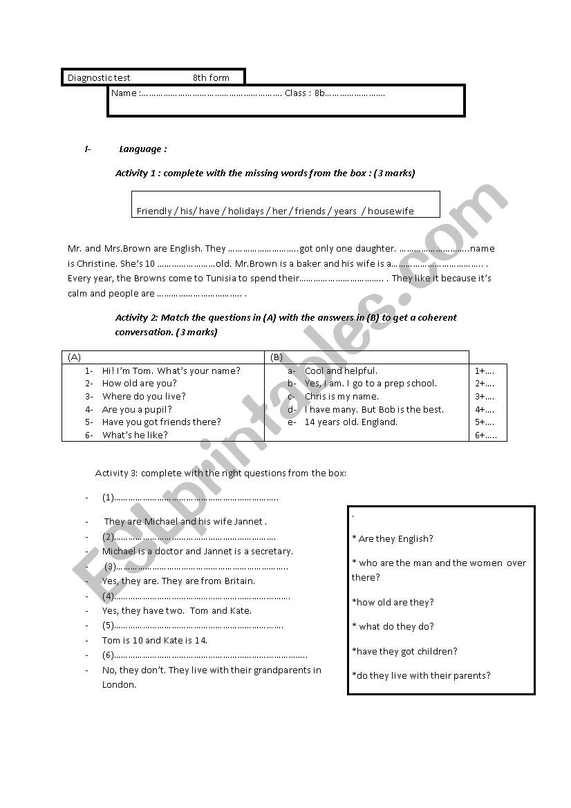 diognistic test worksheet