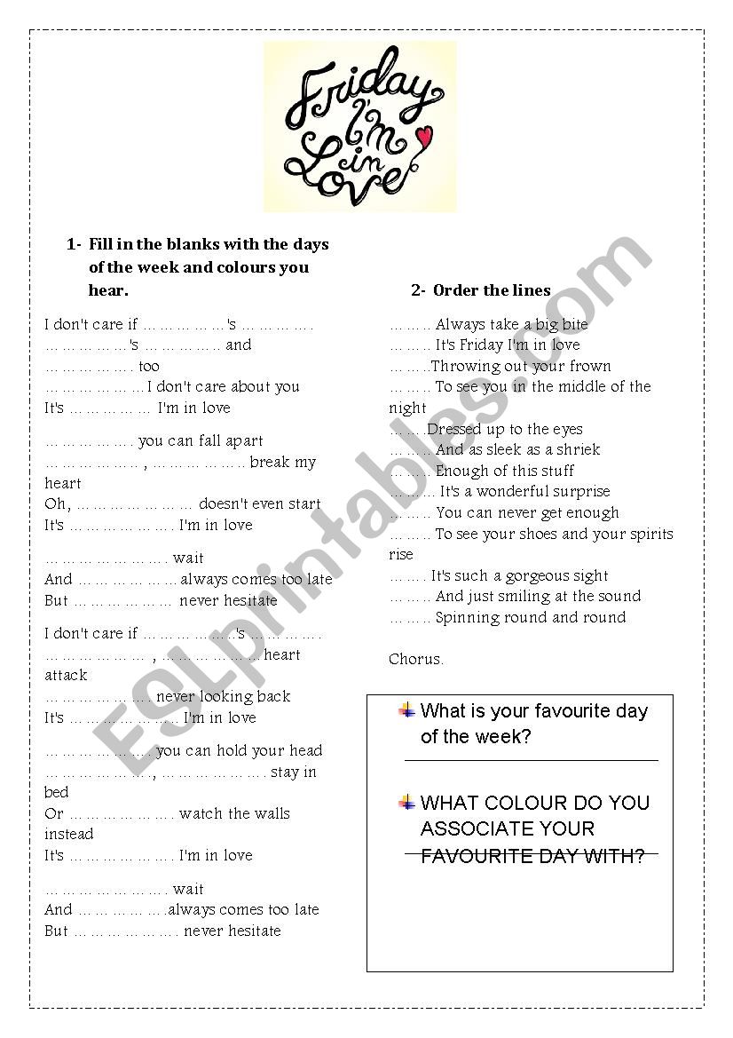 Friday Im in love worksheet