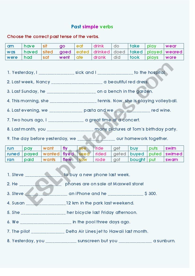Simple past verb Test #1 worksheet