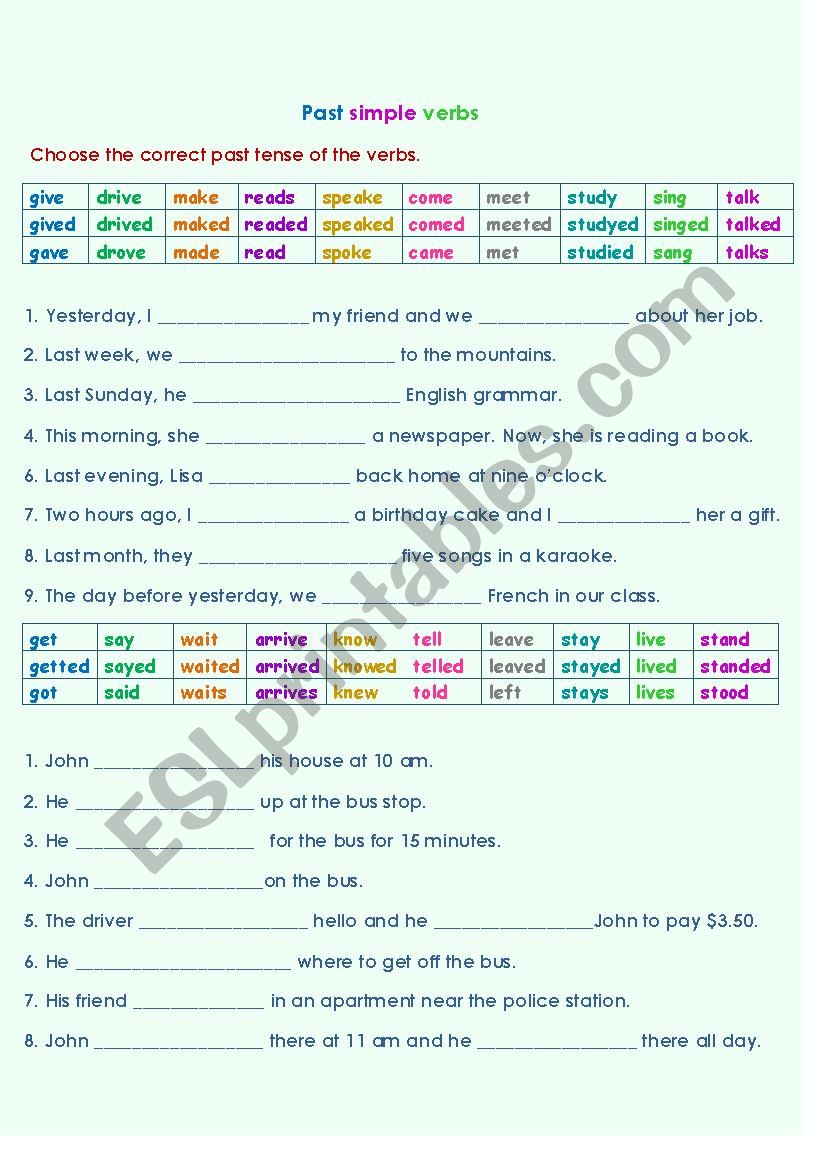 Simple past verb Test #3 worksheet