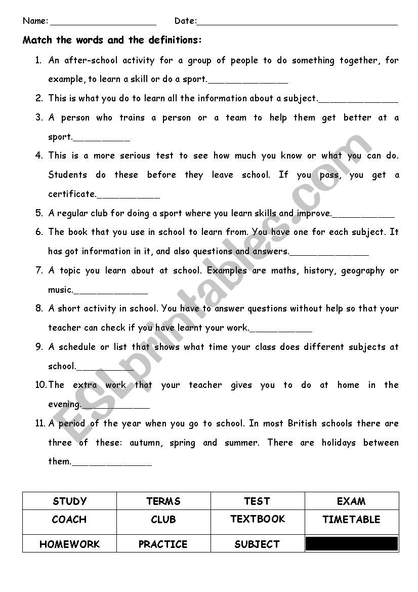 Match definitions and words worksheet