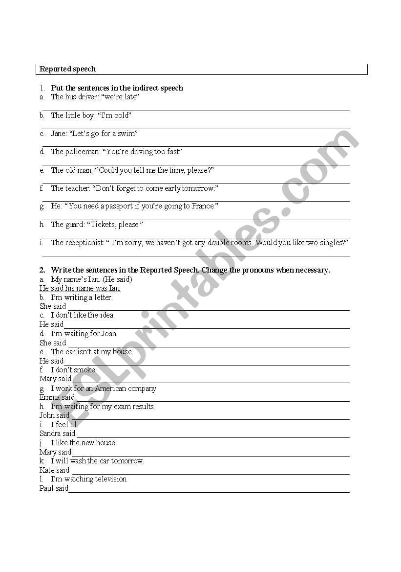 Reported speech exercises worksheet