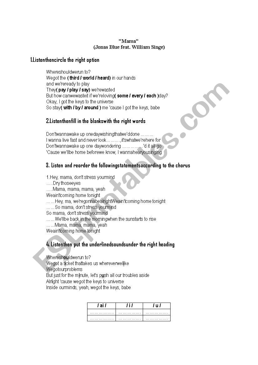 Song quiz MAMA by Jonas Blue worksheet