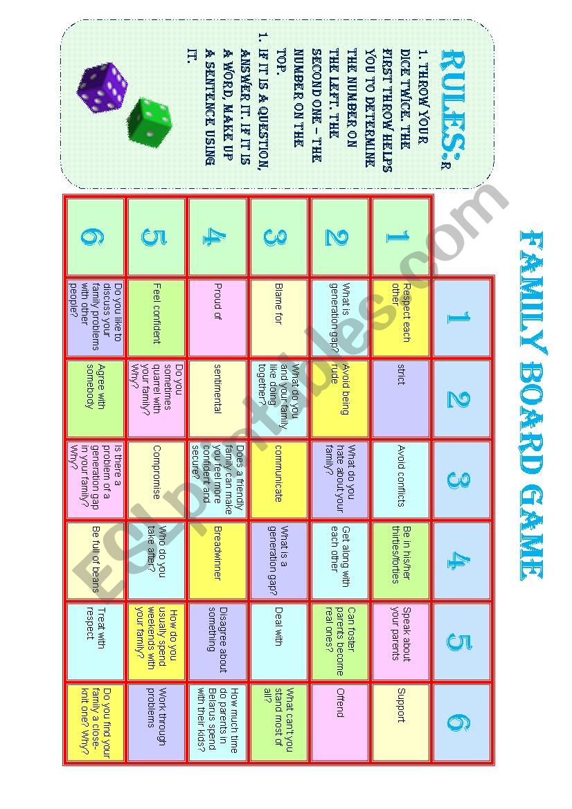 family board game worksheet