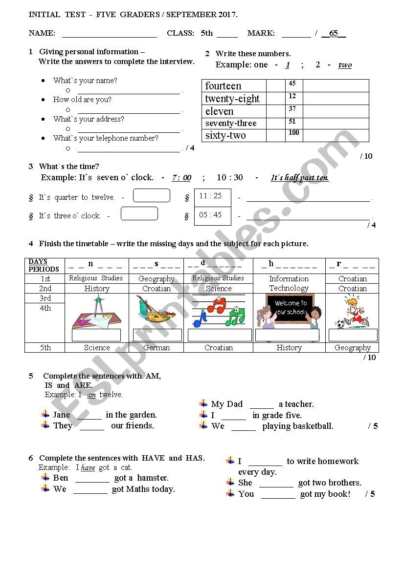 Initial test worksheet