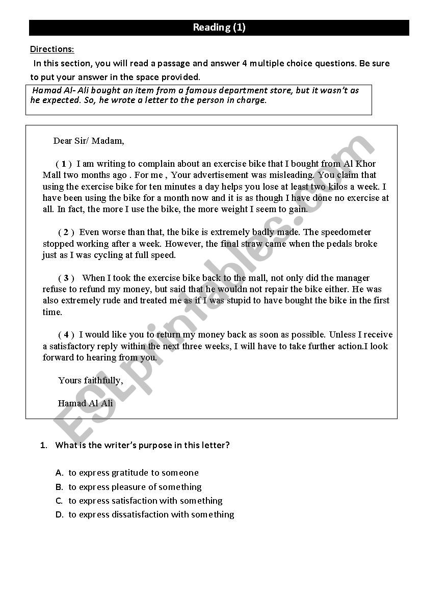 Reading & Writing exam- Sec., Stage