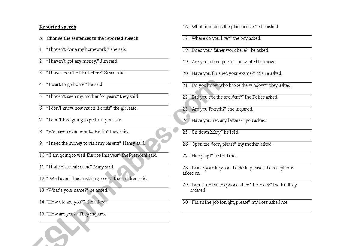 Reported speech worksheet