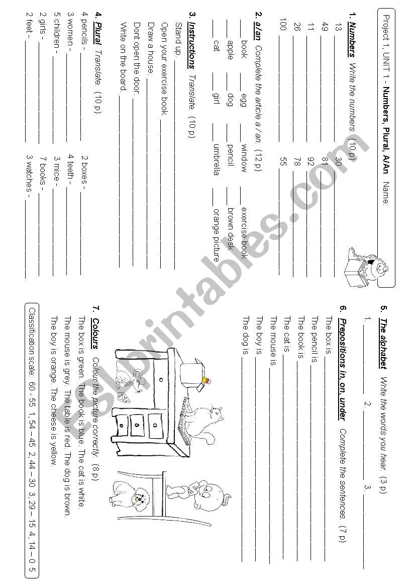 Numbers, Plural, Instructions, A/An - REVISION Test