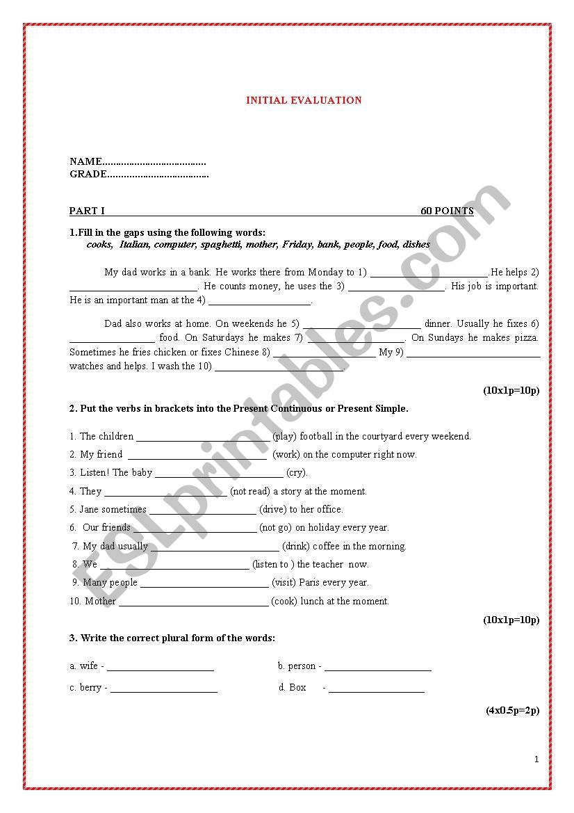 iNITIAL EVALUATION worksheet