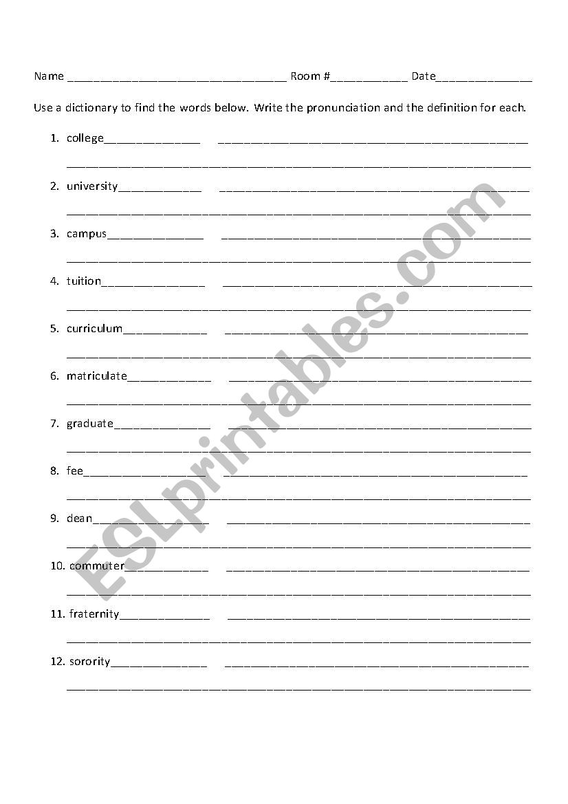 Defining College worksheet