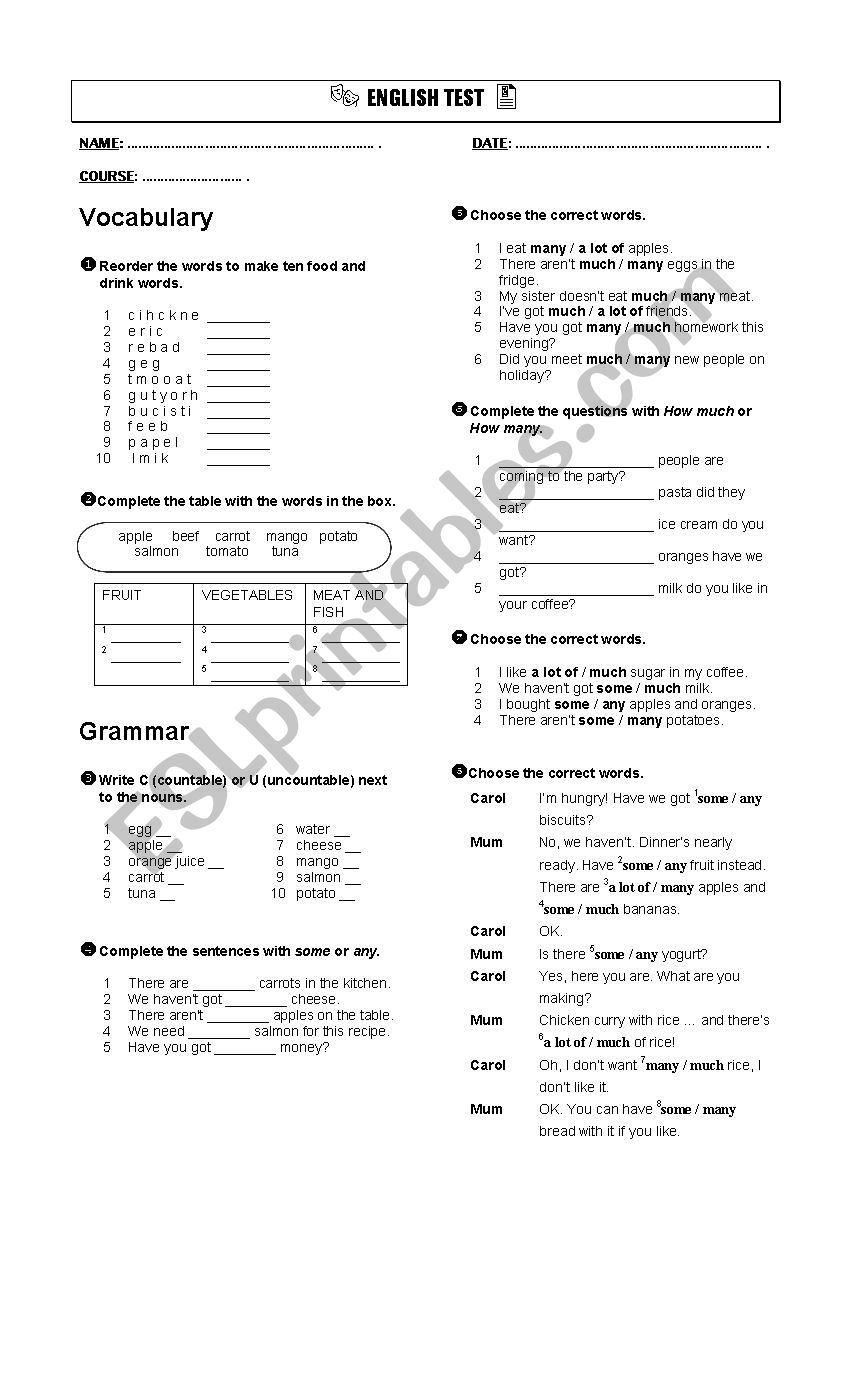 Test - 5th course worksheet