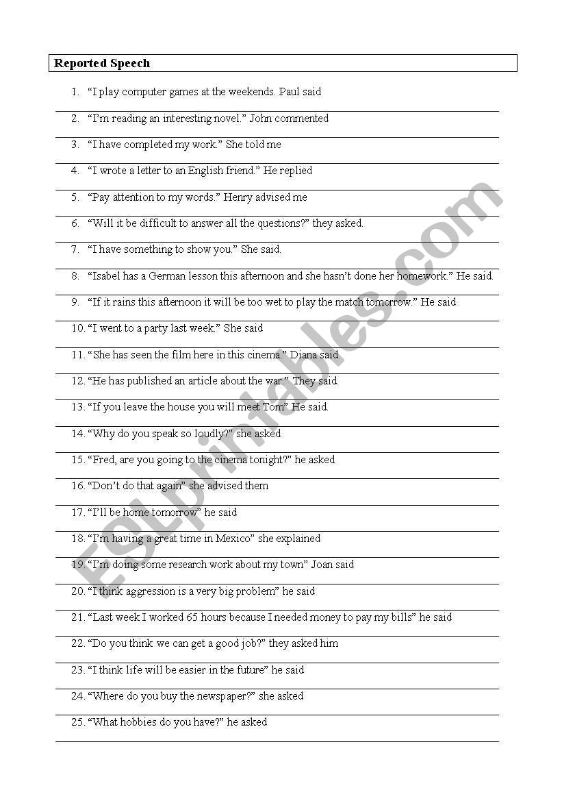 Reported speech exercises worksheet