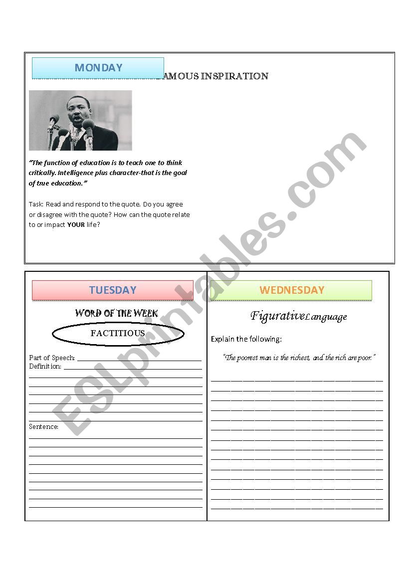 Bell-Ringer Journals worksheet