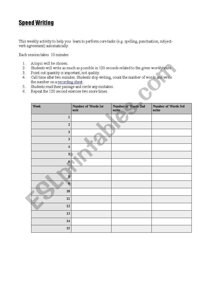 Speed Writing worksheet