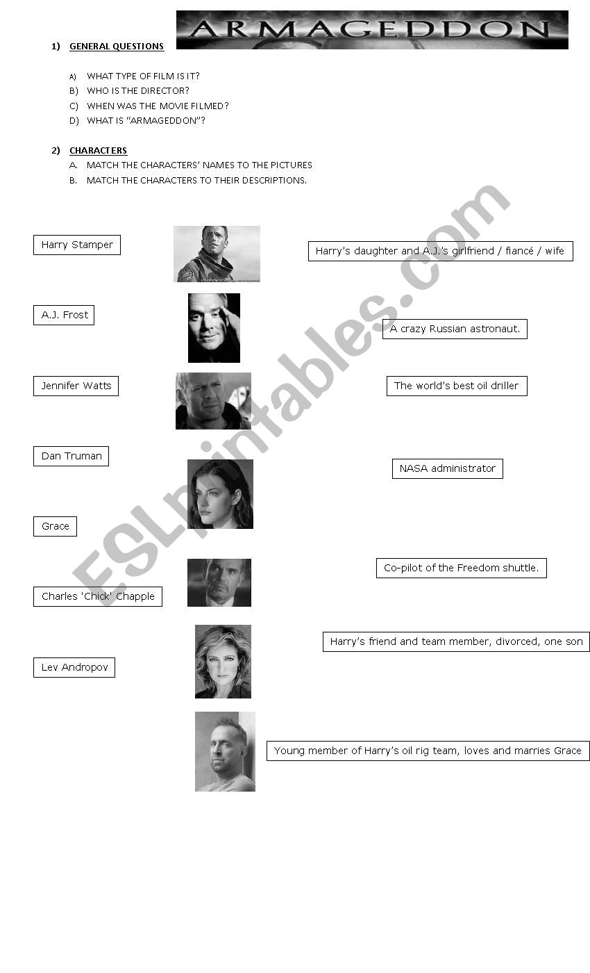 Armageddon Film Project worksheet