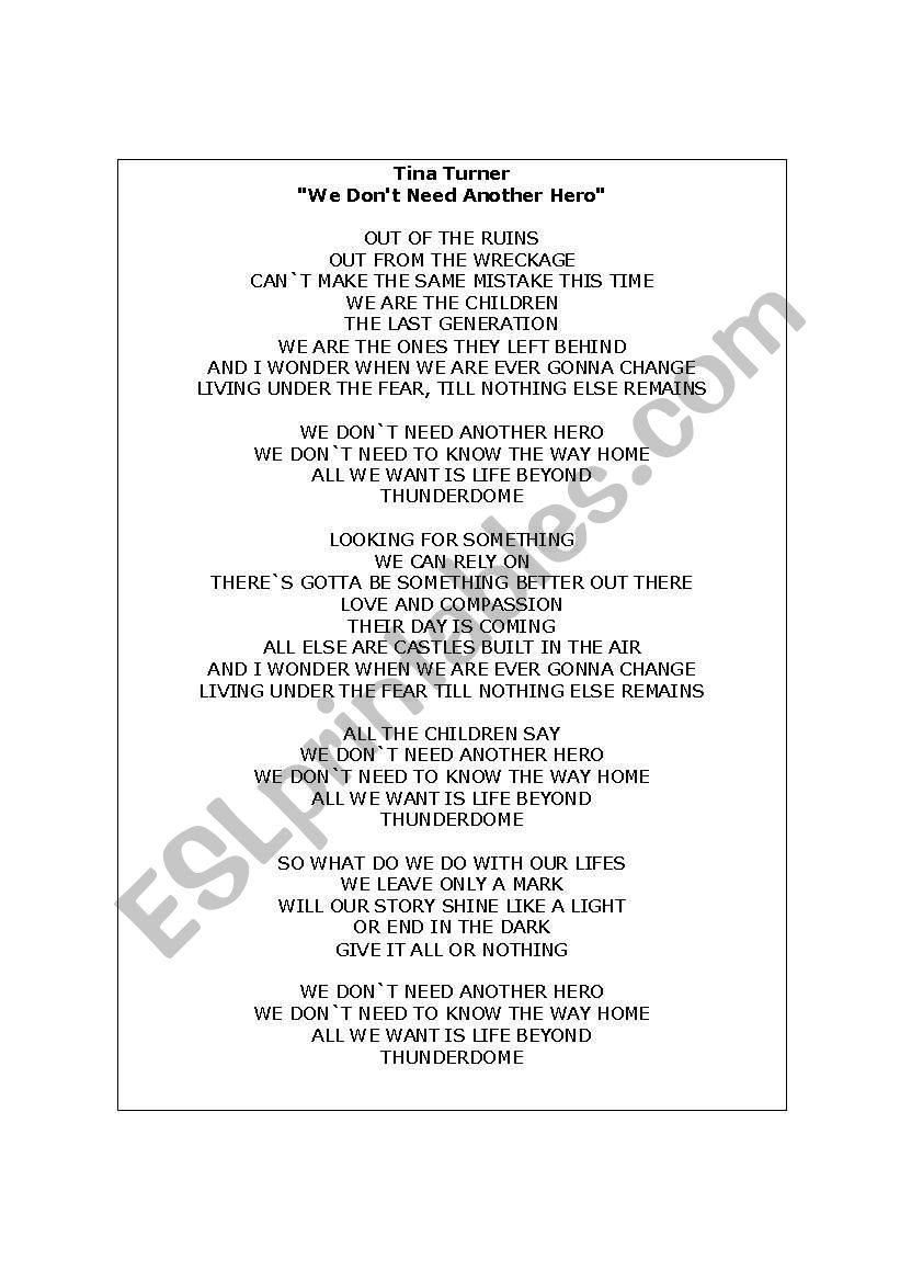 English Worksheets Song Activity We Don t Need Another Hero Tina english-worksheets-song-activity-we-don-t-need-another-hero-tina