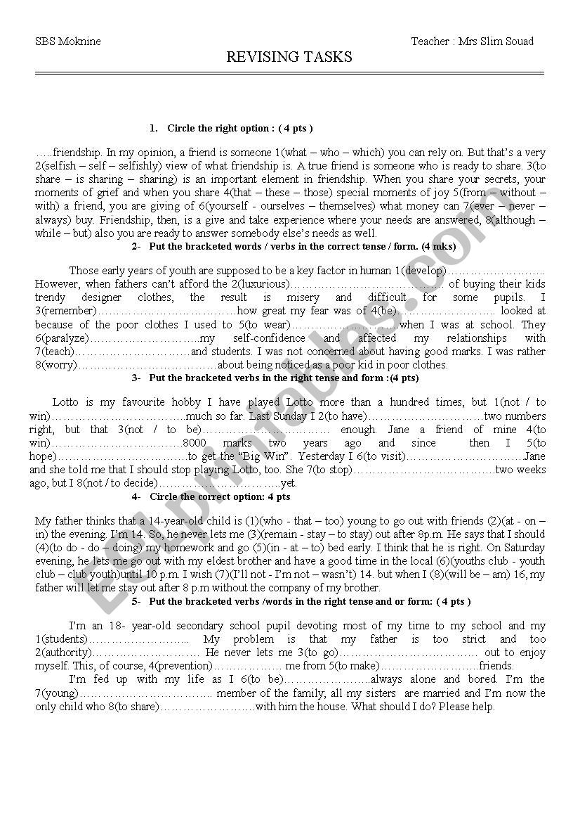 REVISING TASKS worksheet