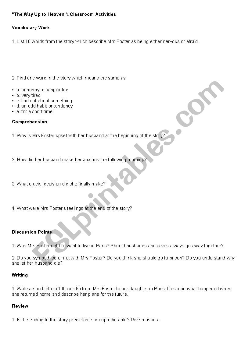 The Way Up To Heaven worksheet