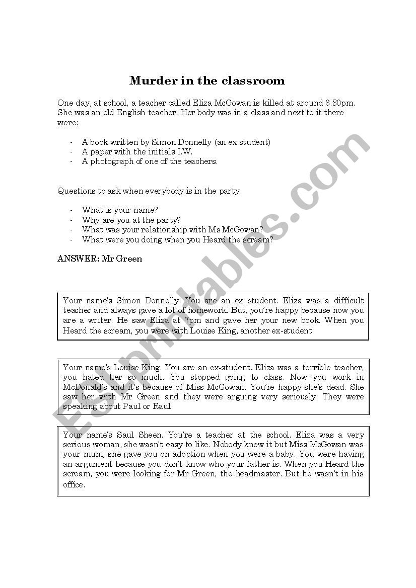 Murder in the classroom worksheet