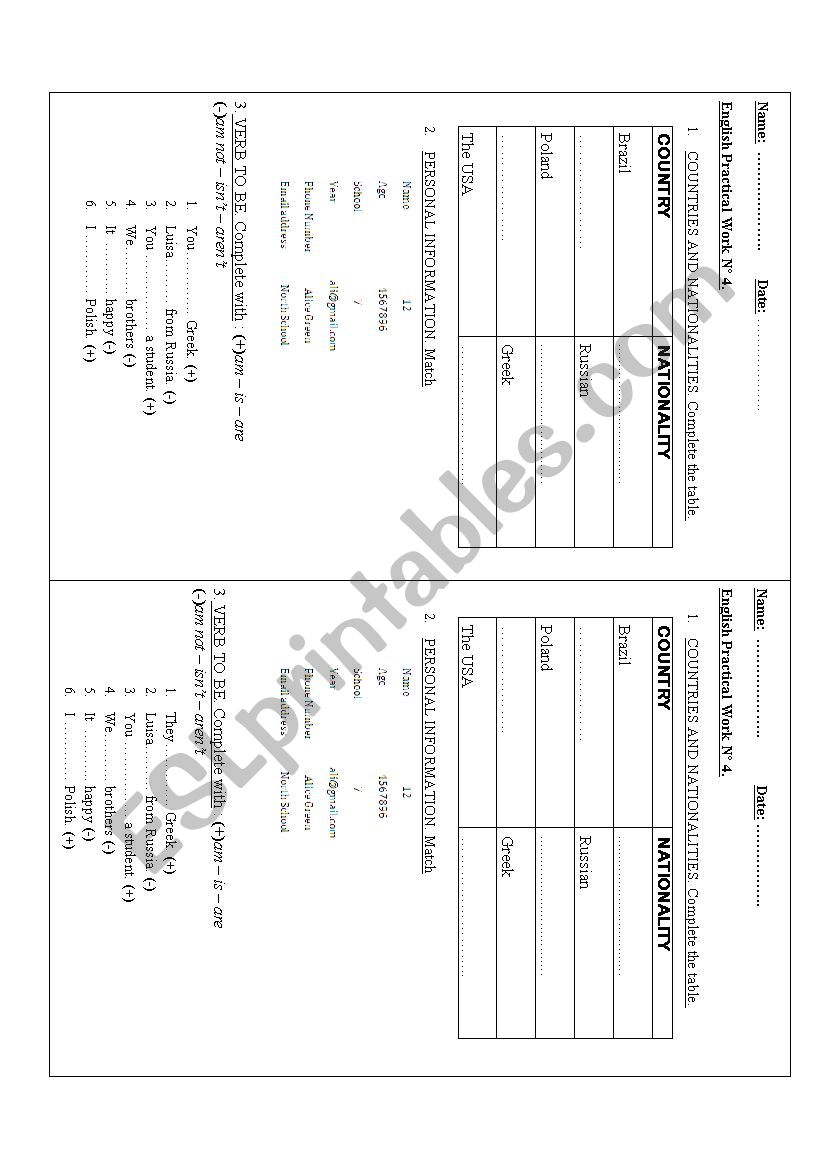 countries & nationalities - personal information - verb to be affirmative and negative