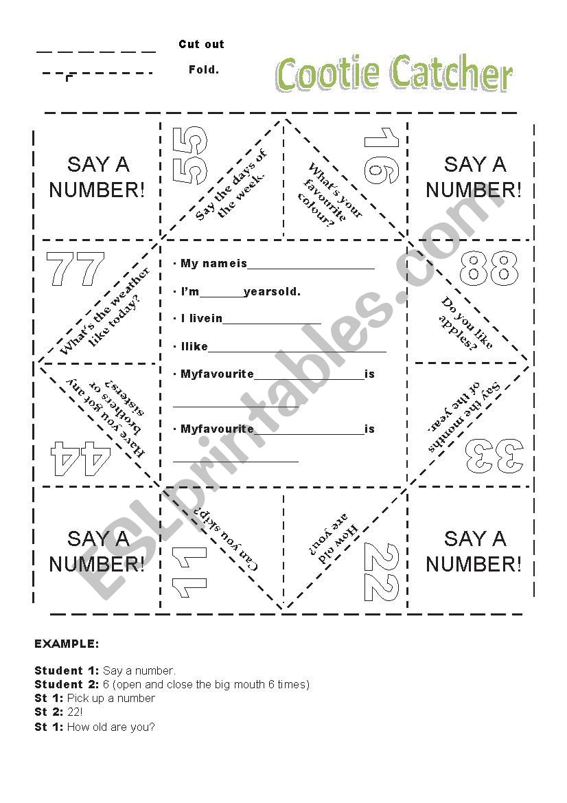 Cootie Catcher,  worksheet